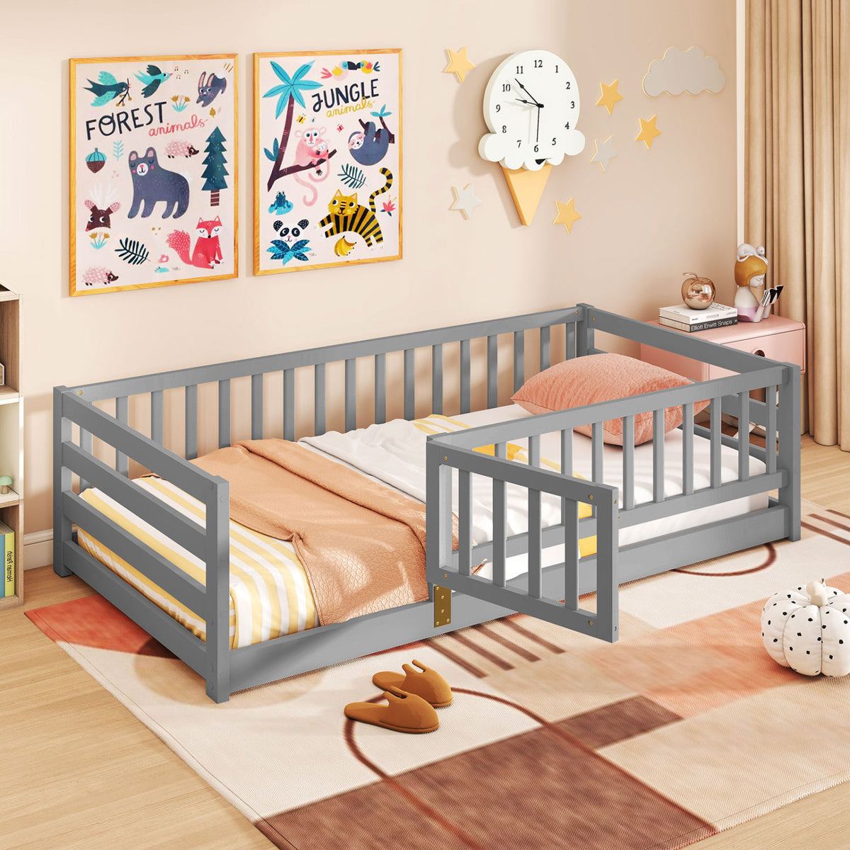 Twin Size Floor Bed with High Fence and Door Playhouse for Kids-Gray-Toddler Beds-DECOROLALA