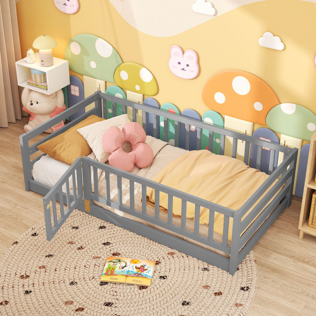 Twin Size Floor Bed with High Fence and Door Playhouse for Kids-Gray-Toddler Beds-DECOROLALA
