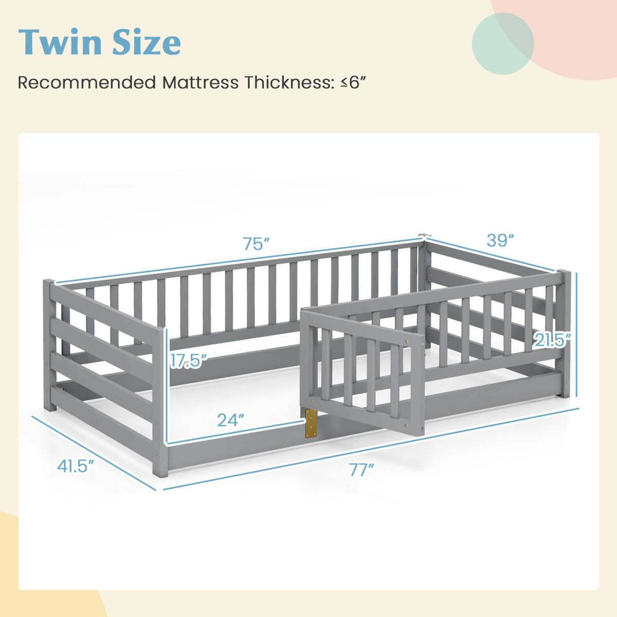 Twin Size Floor Bed with High Fence and Door Playhouse for Kids-Gray-Toddler Beds-DECOROLALA