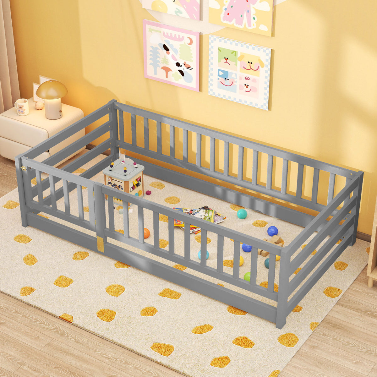 Twin Size Floor Bed with High Fence and Door Playhouse for Kids-Gray-Toddler Beds-DECOROLALA