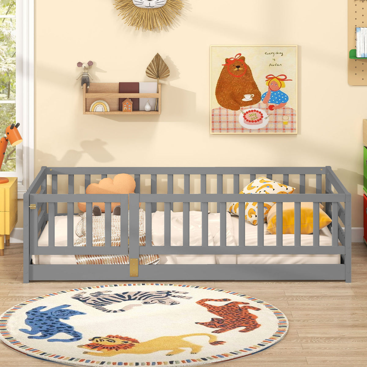 Twin Size Floor Bed with High Fence and Door Playhouse for Kids-Gray-Toddler Beds-DECOROLALA
