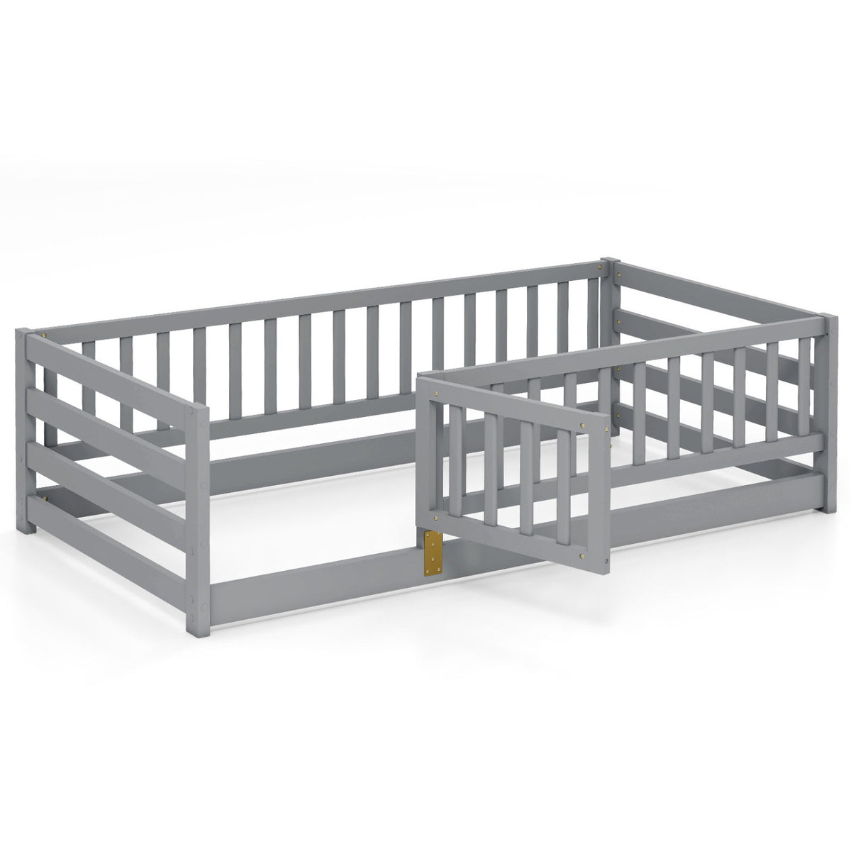 Twin Size Floor Bed with High Fence and Door Playhouse for Kids-Gray-Toddler Beds-DECOROLALA
