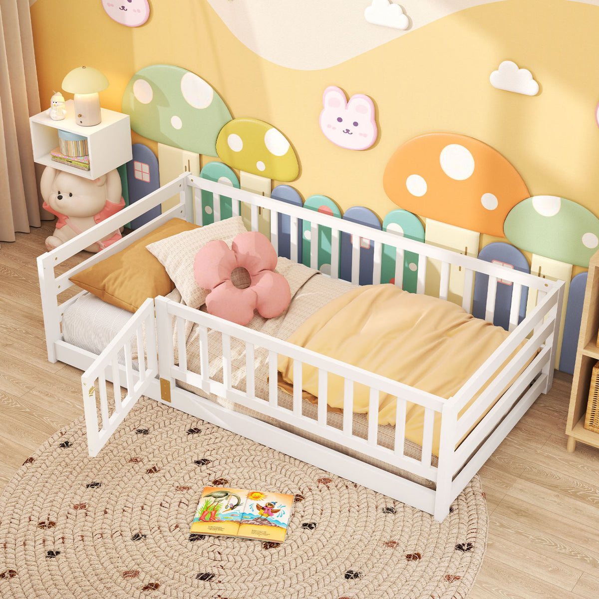 Twin Size Floor Bed with High Fence and Door Playhouse for Kids-White-Toddler Beds-DECOROLALA