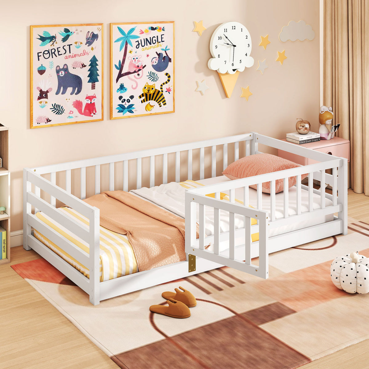 Twin Size Floor Bed with High Fence and Door Playhouse for Kids-White-Toddler Beds-DECOROLALA