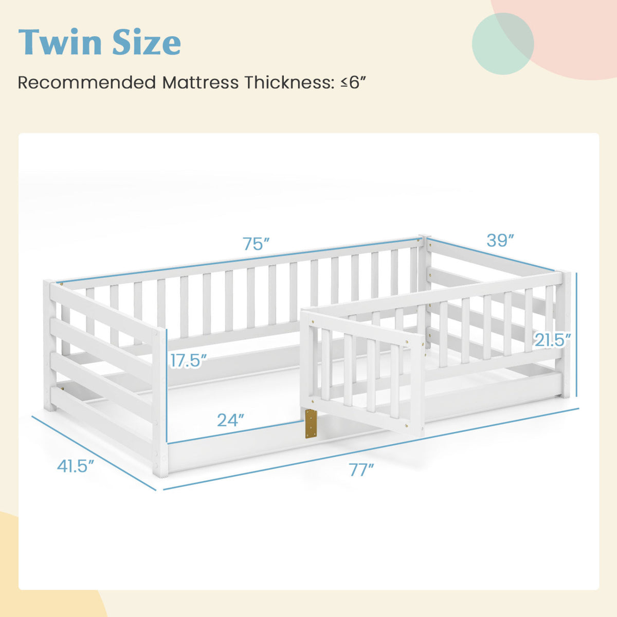 Twin Size Floor Bed with High Fence and Door Playhouse for Kids-White-Toddler Beds-DECOROLALA