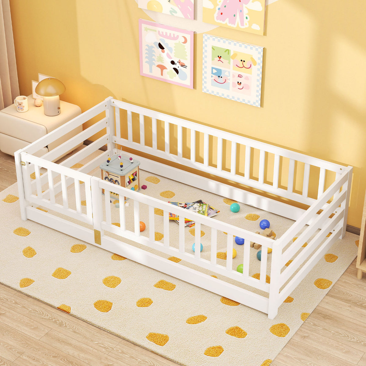 Twin Size Floor Bed with High Fence and Door Playhouse for Kids-White-Toddler Beds-DECOROLALA