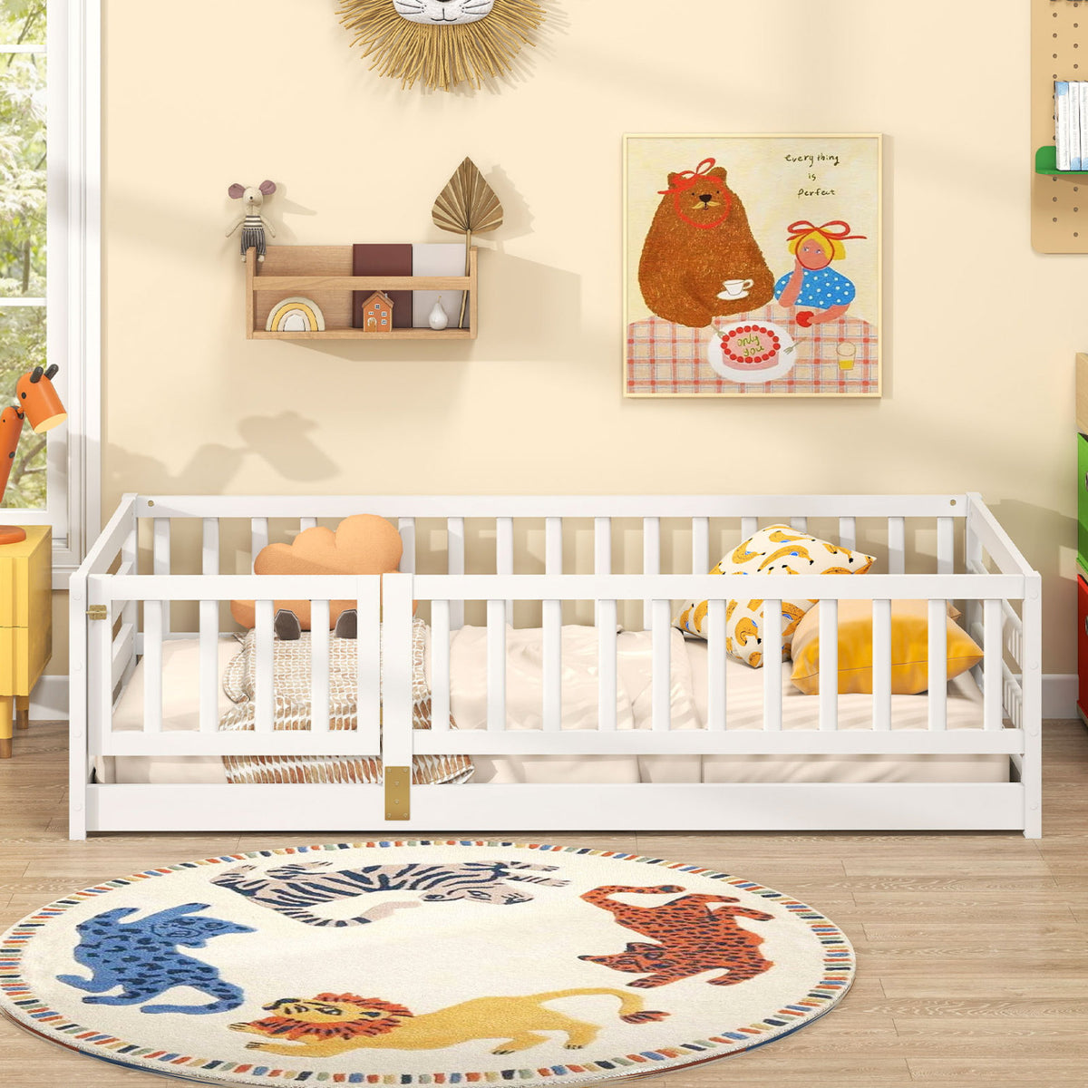 Twin Size Floor Bed with High Fence and Door Playhouse for Kids-White-Toddler Beds-DECOROLALA