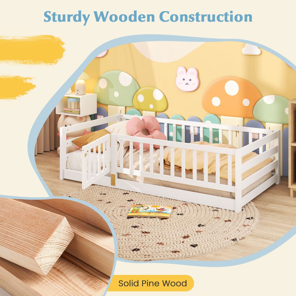Twin Size Floor Bed with High Fence and Door Playhouse for Kids-White-Toddler Beds-DECOROLALA