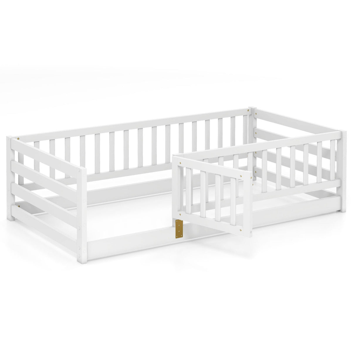 Twin Size Floor Bed with High Fence and Door Playhouse for Kids-White-Toddler Beds-DECOROLALA