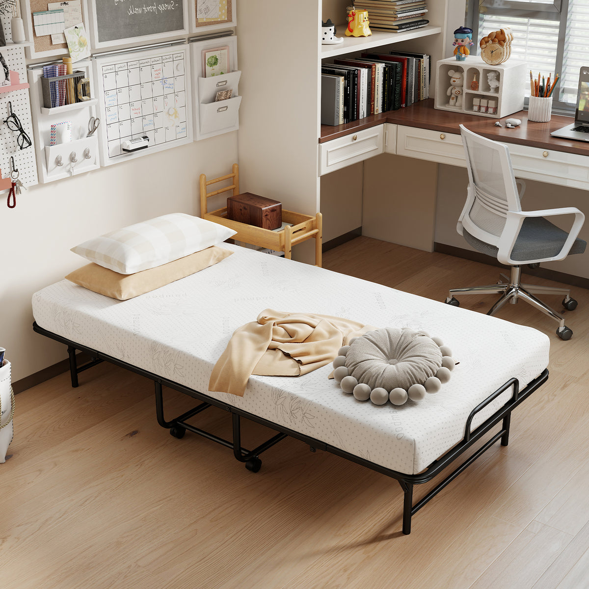 Twin Size Folding Bed with 5-Inch Mattress Rollaway Guest Bed with Memory Foam Mattress-Folding Beds-DECOROLALA