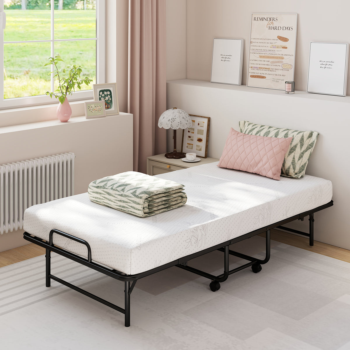 Twin Size Folding Bed with 5-Inch Mattress Rollaway Guest Bed with Memory Foam Mattress-Folding Beds-DECOROLALA