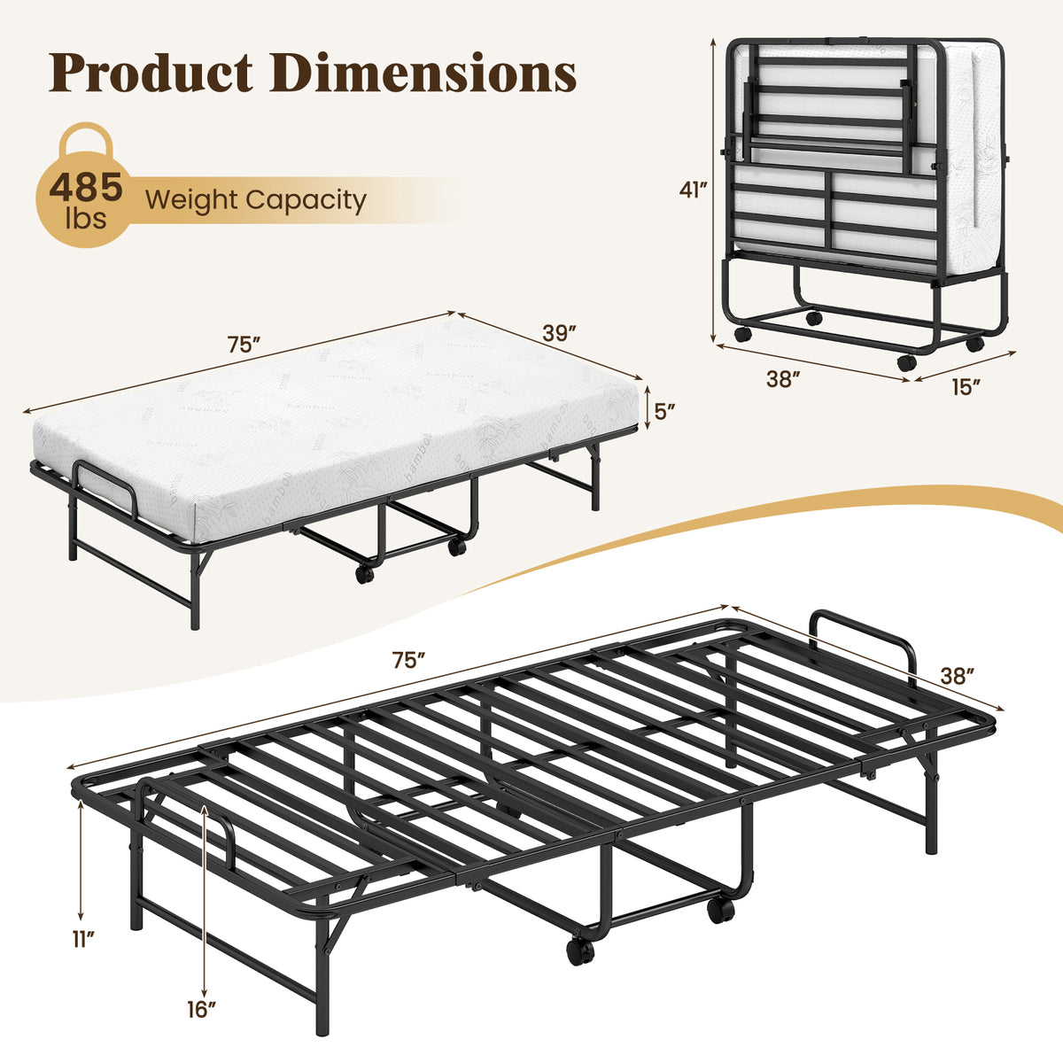 Twin Size Folding Bed with 5-Inch Mattress Rollaway Guest Bed with Memory Foam Mattress-Folding Beds-DECOROLALA