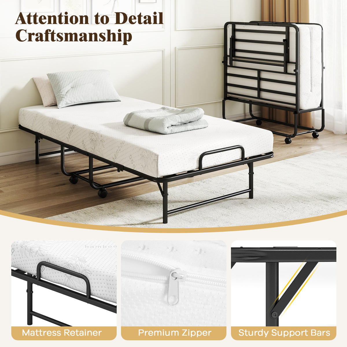 Twin Size Folding Bed with 5-Inch Mattress Rollaway Guest Bed with Memory Foam Mattress-Folding Beds-DECOROLALA