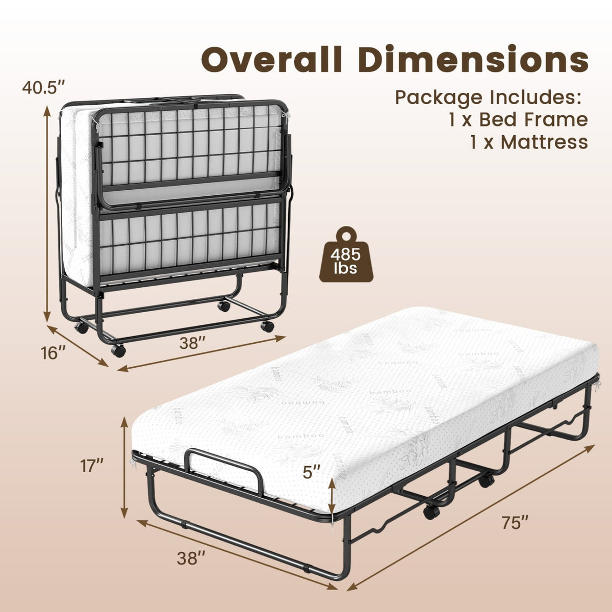 Twin Size Folding Bed with 5-inch Mattress and Metal Frame for Apartment-Folding Beds-DECOROLALA