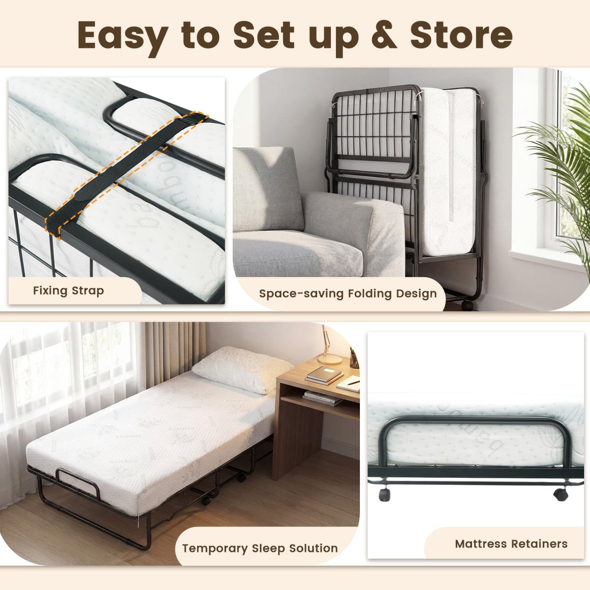 Twin Size Folding Bed with 5-inch Mattress and Metal Frame for Apartment-Folding Beds-DECOROLALA