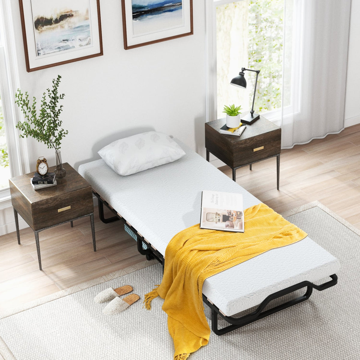 Twin Size Folding Bed with Foam Mattress and Lockable Wheels-Folding Beds-DECOROLALA