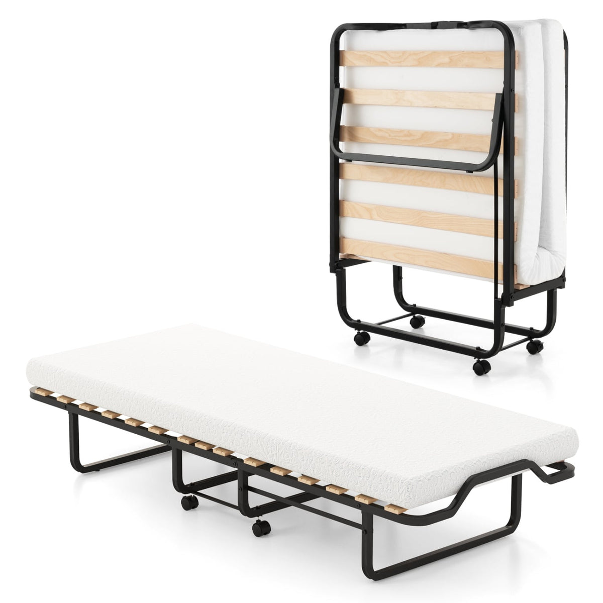 Twin Size Folding Bed with Foam Mattress and Lockable Wheels-Folding Beds-DECOROLALA