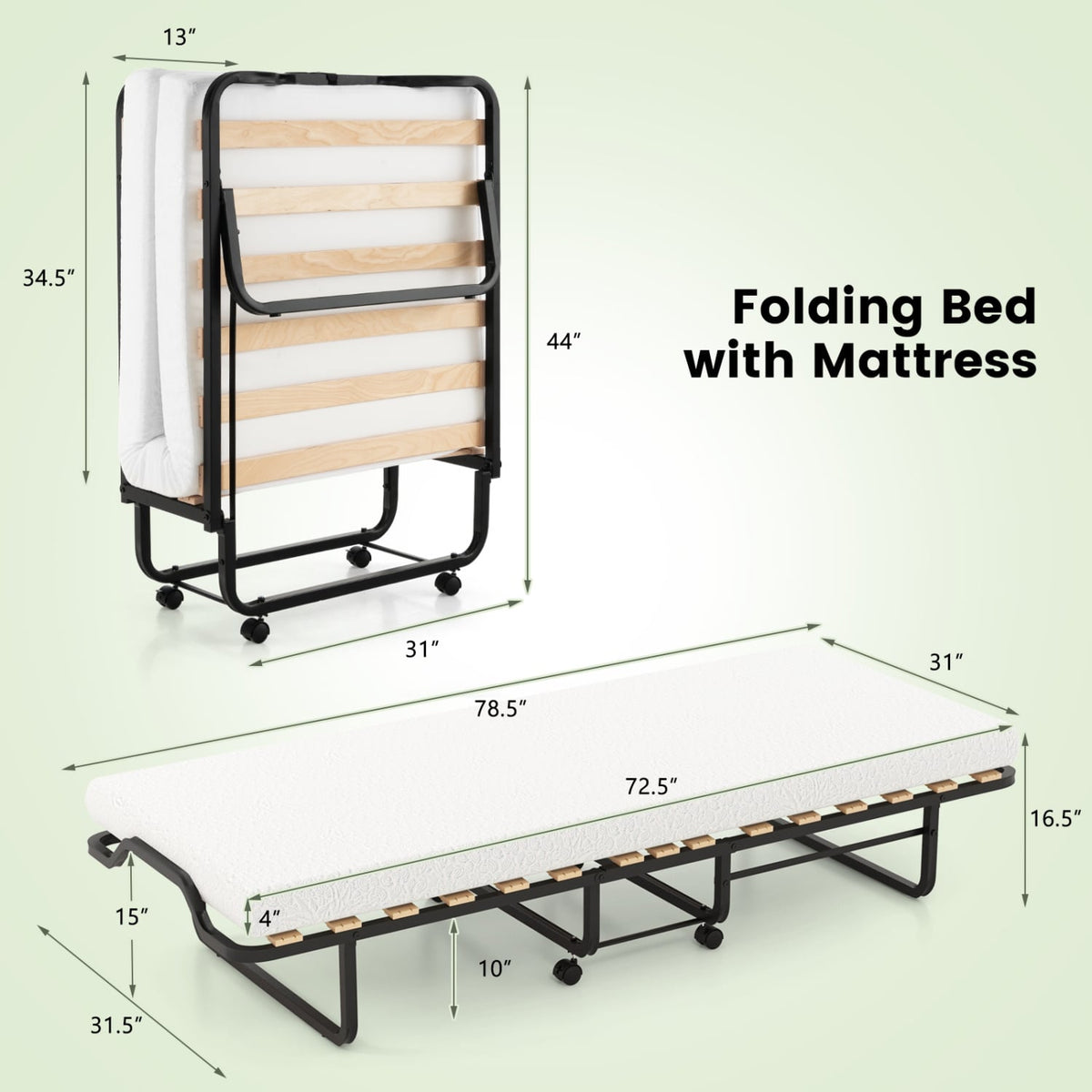Twin Size Folding Bed with Foam Mattress and Lockable Wheels-Folding Beds-DECOROLALA