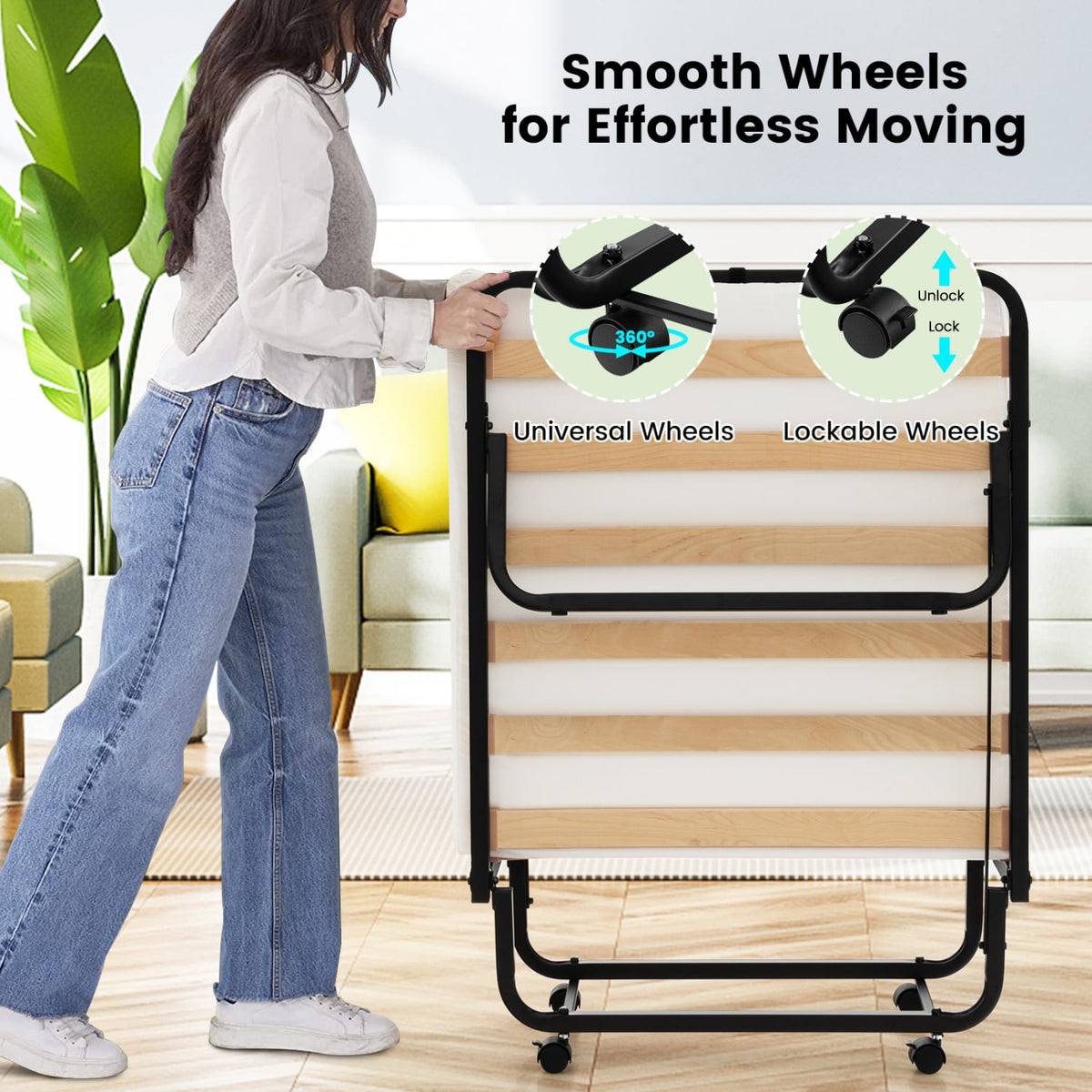 Twin Size Folding Bed with Foam Mattress and Lockable Wheels-Folding Beds-DECOROLALA