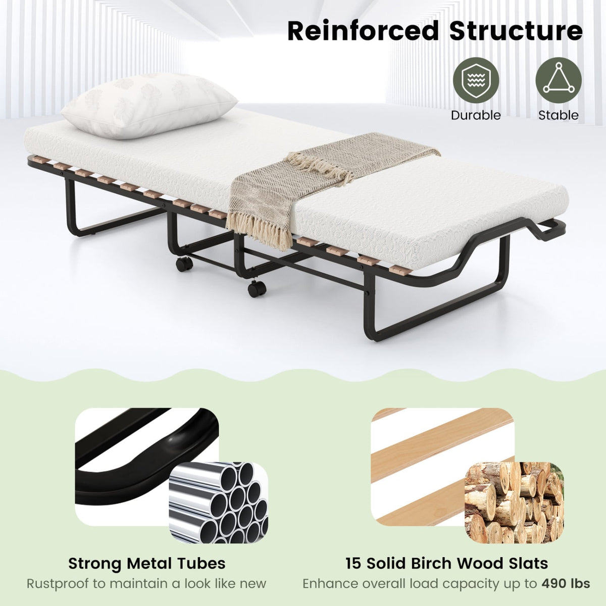 Twin Size Folding Bed with Foam Mattress and Lockable Wheels-Folding Beds-DECOROLALA