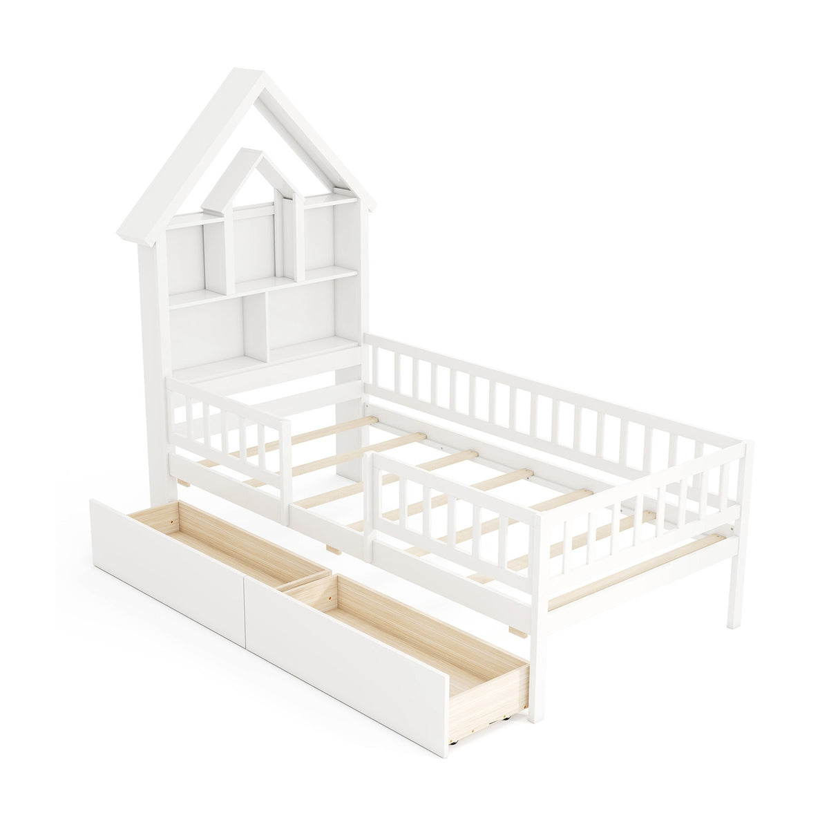 Twin Size House Bed Kids Montessori Bed with House-Shaped Storage Headboard-White-Trundle Bed Frame-DECOROLALA