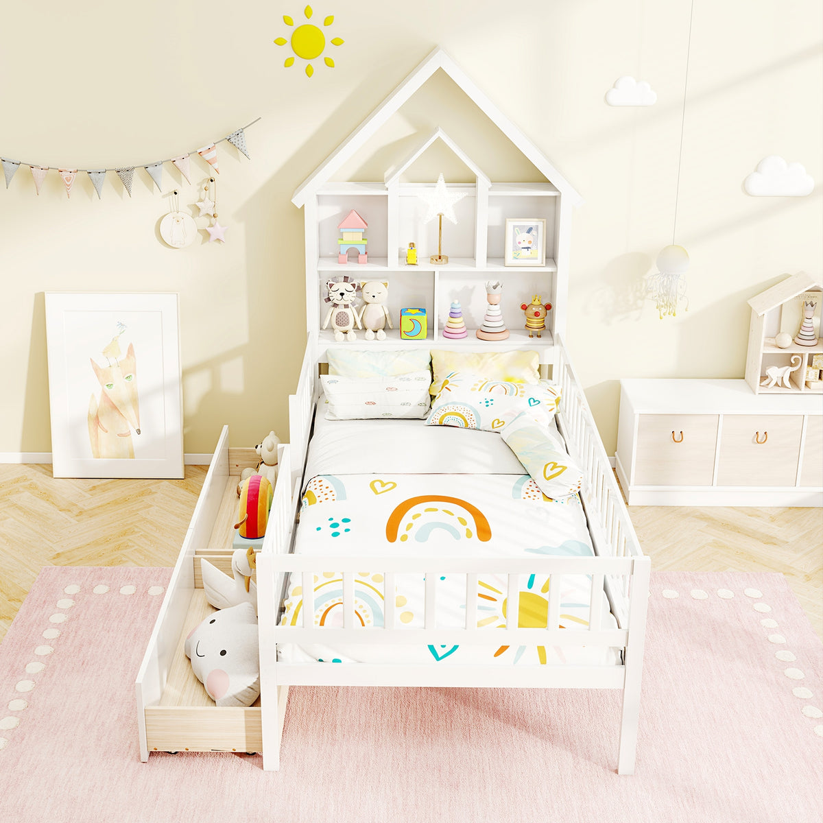 Twin Size House Bed Kids Montessori Bed with House-Shaped Storage Headboard-White-Trundle Bed Frame-DECOROLALA