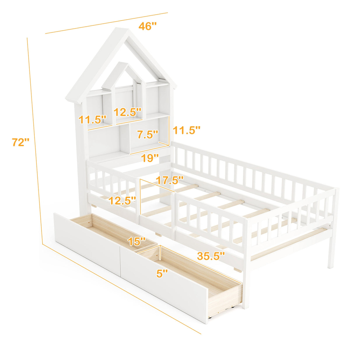 Twin Size House Bed Kids Montessori Bed with House-Shaped Storage Headboard-White-Trundle Bed Frame-DECOROLALA