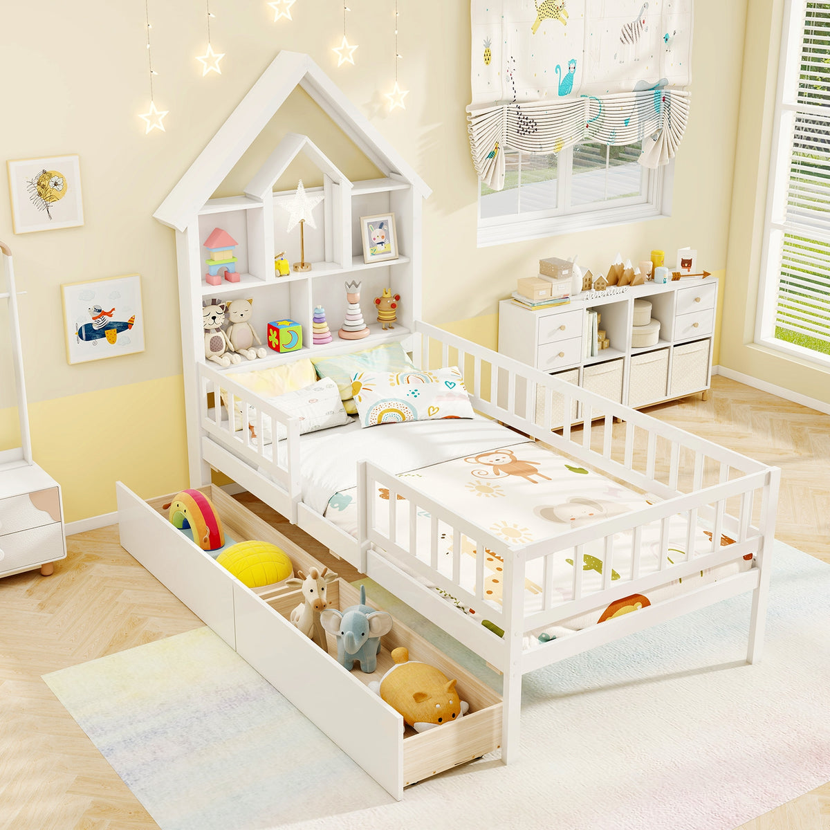 Twin Size House Bed Kids Montessori Bed with House-Shaped Storage Headboard-White-Trundle Bed Frame-DECOROLALA