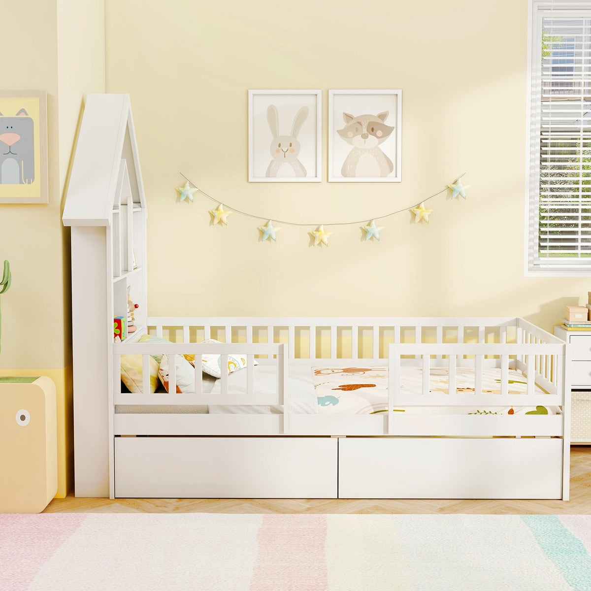 Twin Size House Bed Kids Montessori Bed with House-Shaped Storage Headboard-White-Trundle Bed Frame-DECOROLALA