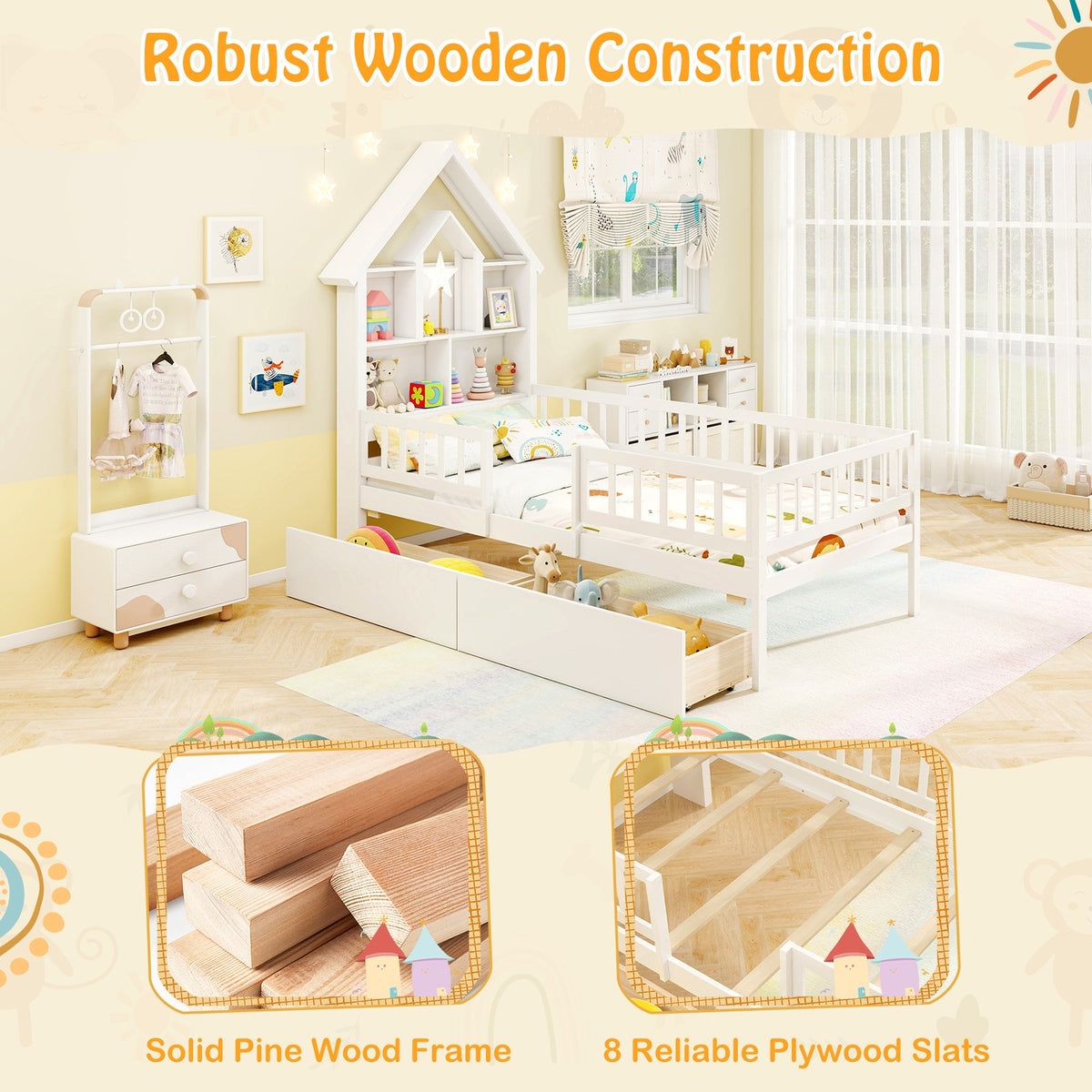 Twin Size House Bed Kids Montessori Bed with House-Shaped Storage Headboard-White-Trundle Bed Frame-DECOROLALA