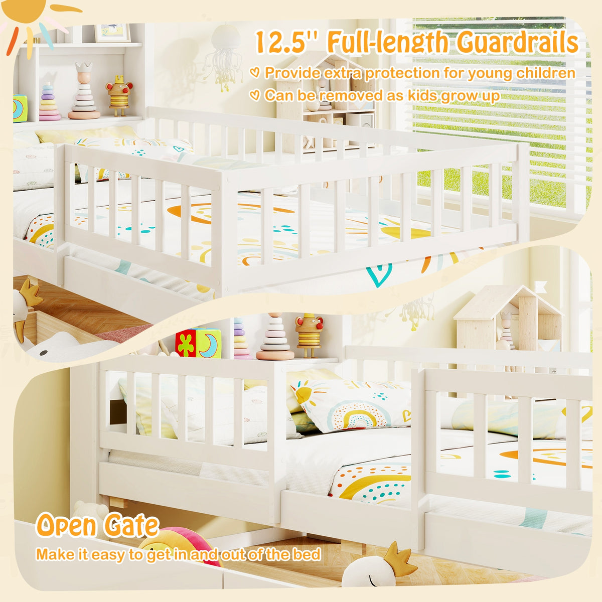 Twin Size House Bed Kids Montessori Bed with House-Shaped Storage Headboard-White-Trundle Bed Frame-DECOROLALA