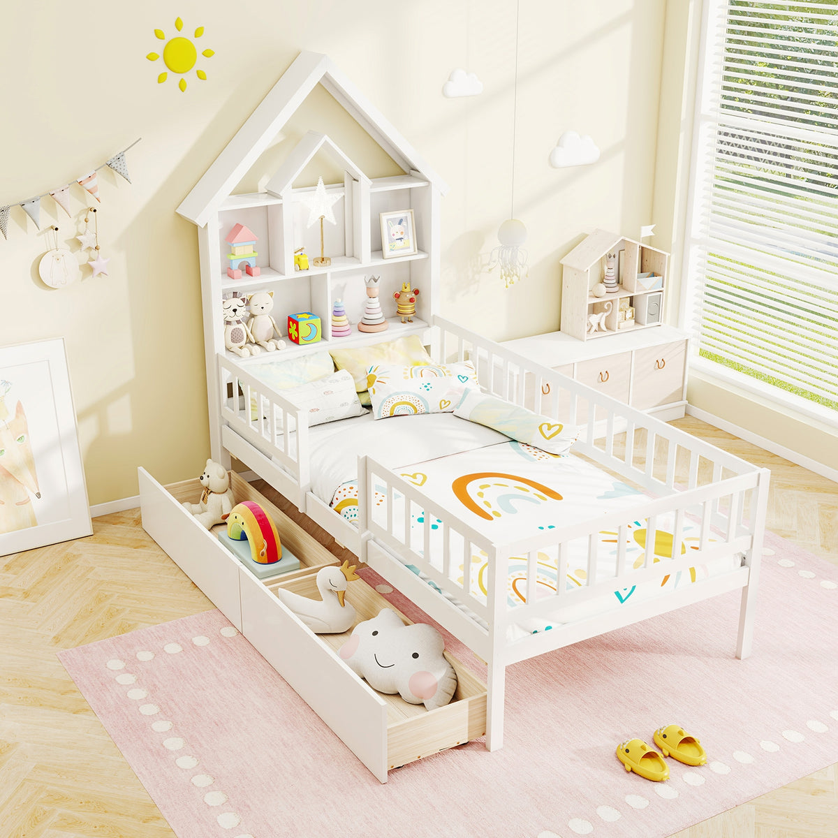 Twin Size House Bed Kids Montessori Bed with House-Shaped Storage Headboard-White-Trundle Bed Frame-DECOROLALA