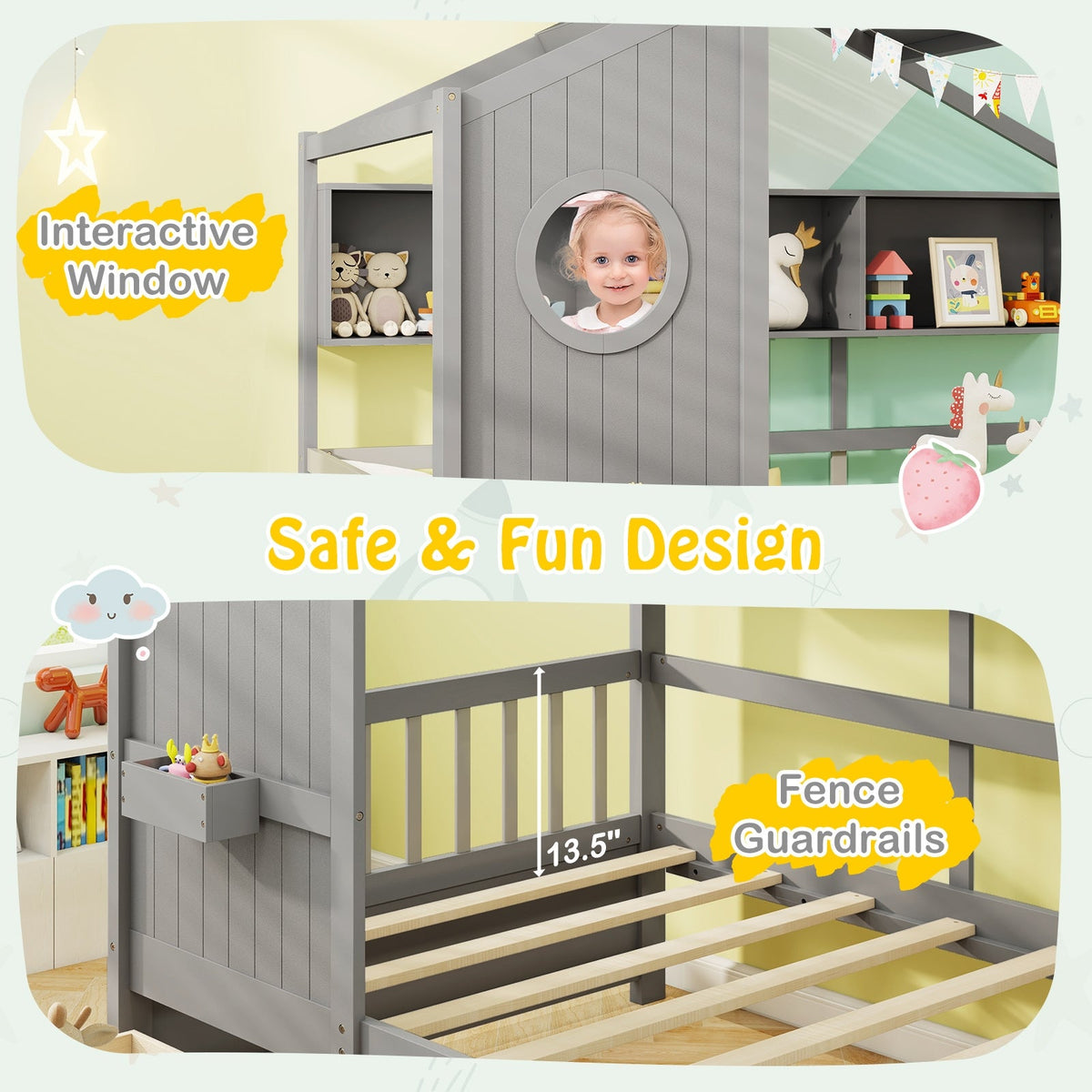 Twin Size House Bed with 2 Storage Drawers and Fence Guardrails-Trundle Bed Frame-DECOROLALA