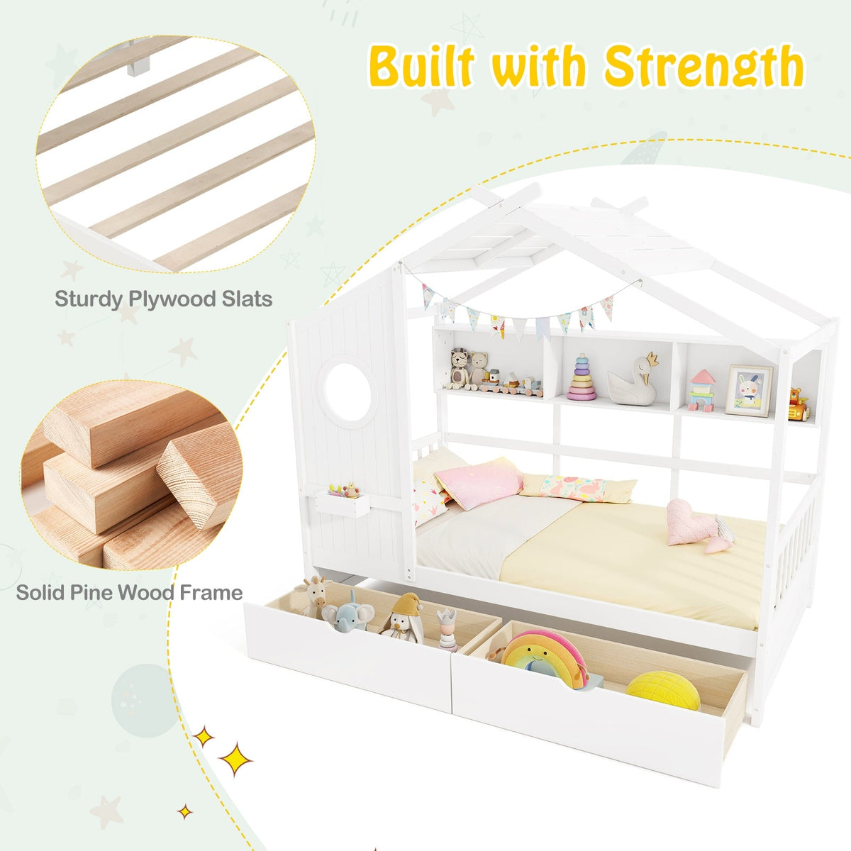Twin Size House Bed with 2 Storage Drawers and Fence Guardrails-Trundle Bed Frame-DECOROLALA