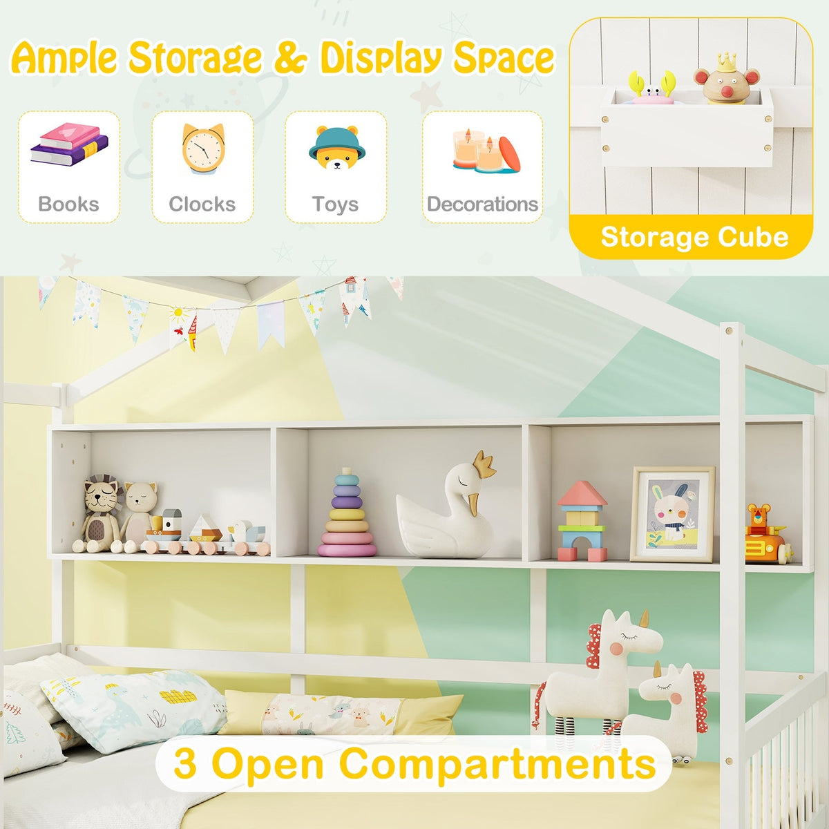 Twin Size House Bed with 2 Storage Drawers and Fence Guardrails-Trundle Bed Frame-DECOROLALA
