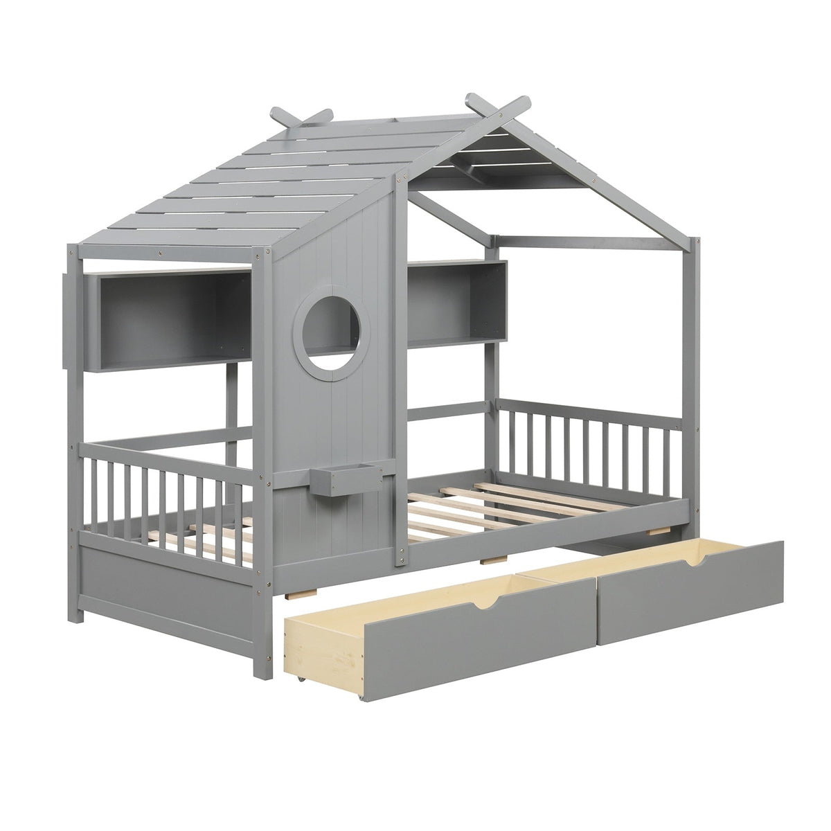 Twin Size House Bed with 2 Storage Drawers and Fence Guardrails-Trundle Bed Frame-DECOROLALA