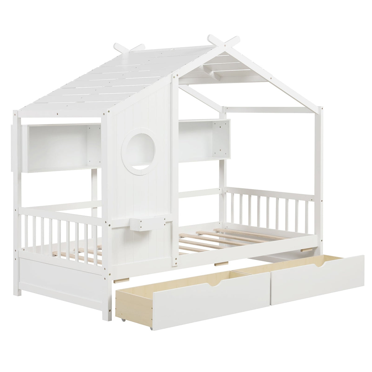 Twin Size House Bed with 2 Storage Drawers and Fence Guardrails-Trundle Bed Frame-DECOROLALA