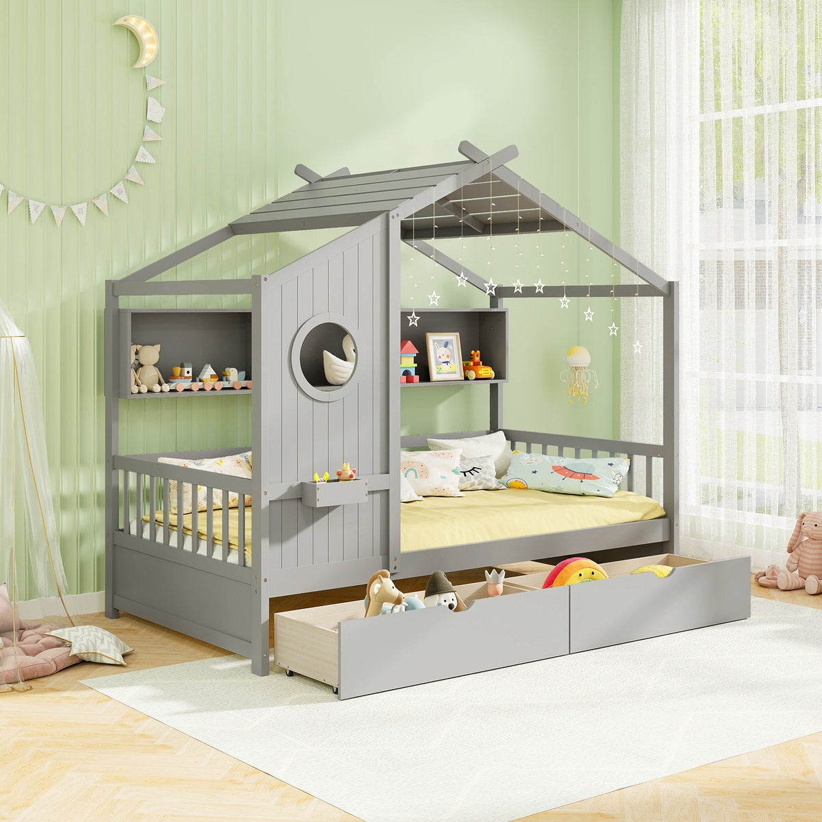 Twin Size House Bed with 2 Storage Drawers and Fence Guardrails-Trundle Bed Frame-DECOROLALA
