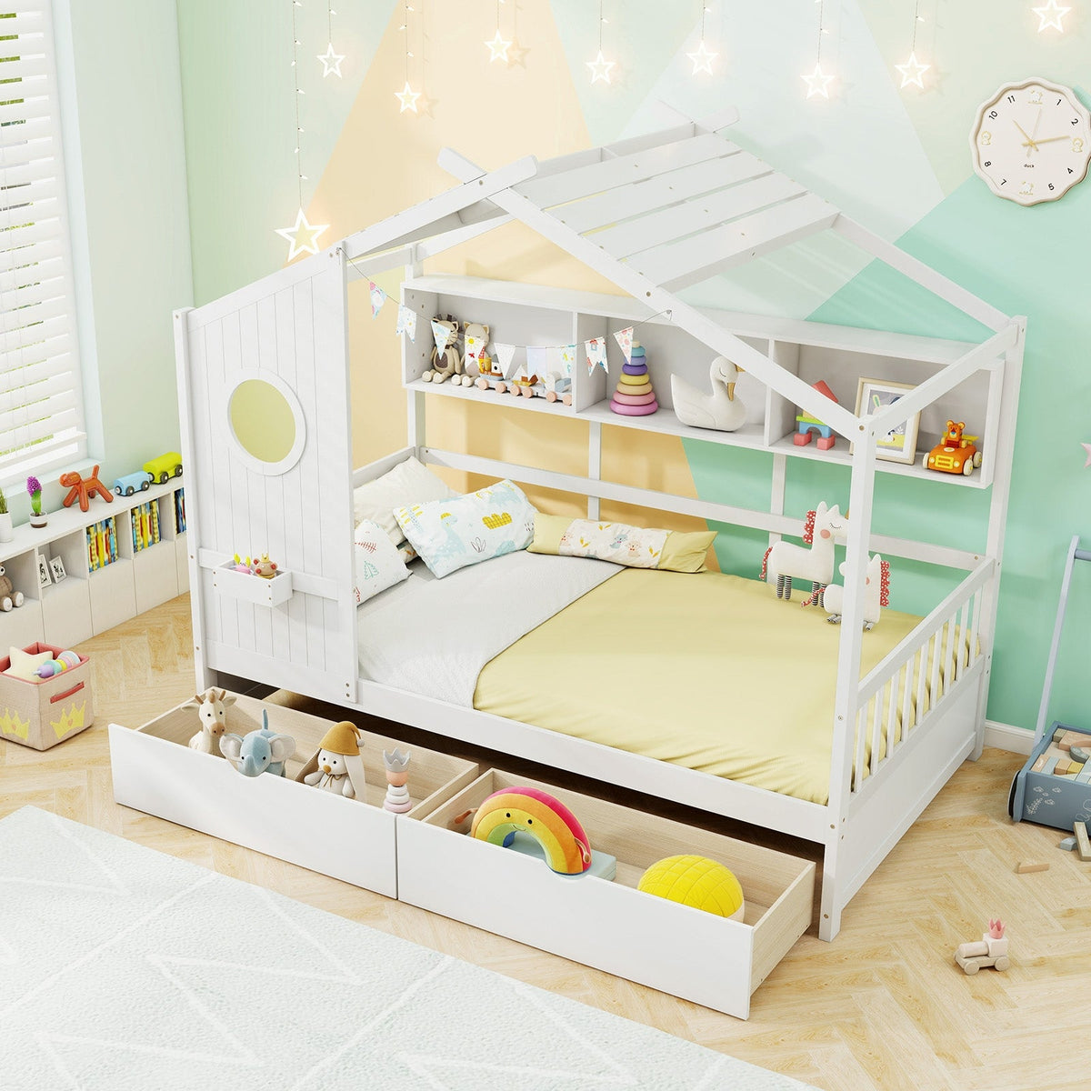 Twin Size House Bed with 2 Storage Drawers and Fence Guardrails-Trundle Bed Frame-DECOROLALA