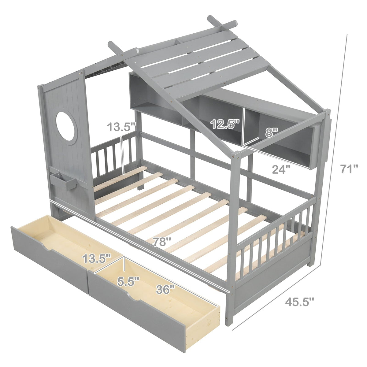 Twin Size House Bed with 2 Storage Drawers and Fence Guardrails-Trundle Bed Frame-DECOROLALA