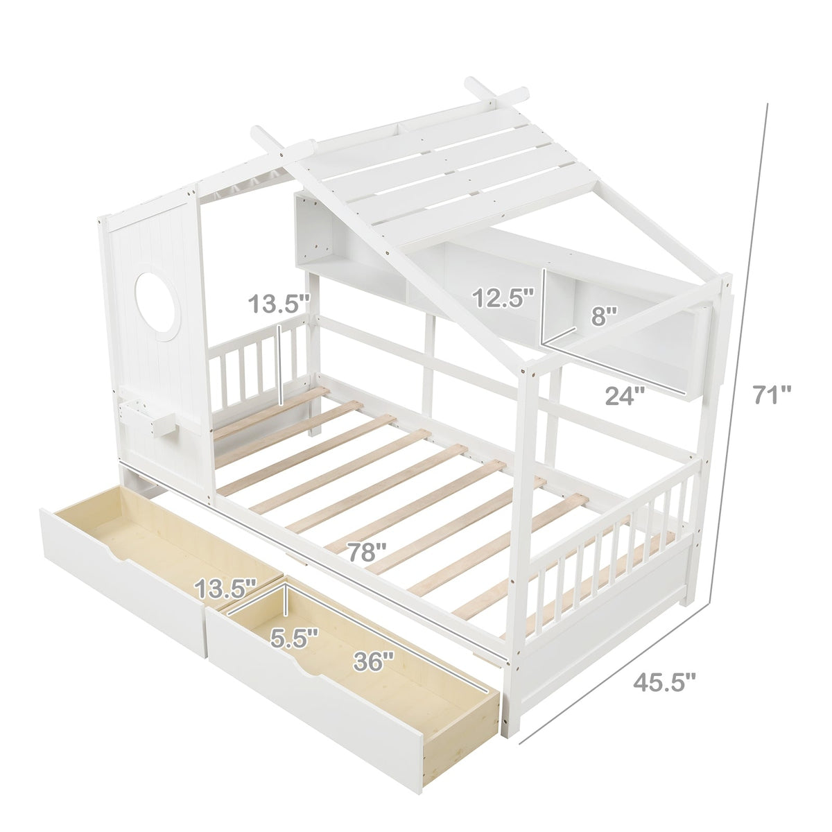 Twin Size House Bed with 2 Storage Drawers and Fence Guardrails-Trundle Bed Frame-DECOROLALA