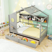 Twin Size House Bed with 2 Storage Drawers and Fence Guardrails-Trundle Bed Frame-DECOROLALA
