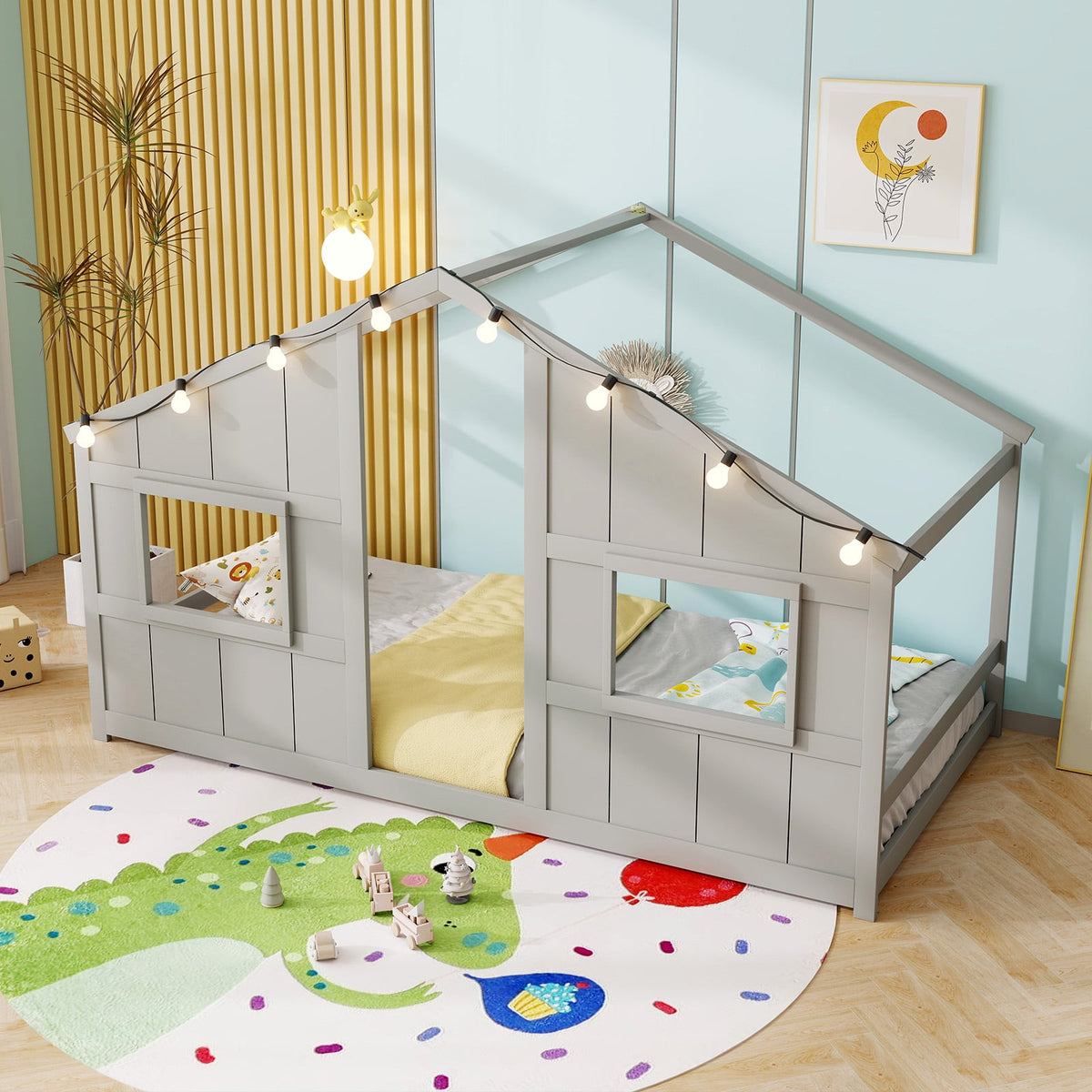Twin Size House Bed with LED Lights Montessori Slat-free Floor Bed-Grey-Toddler Beds-DECOROLALA
