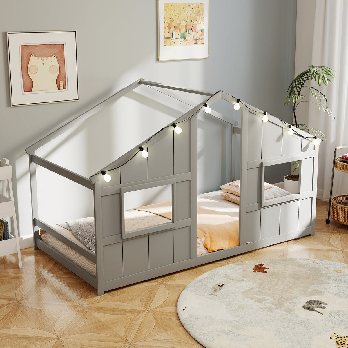 Twin Size House Bed with LED Lights Montessori Slat-free Floor Bed-Grey-Toddler Beds-DECOROLALA