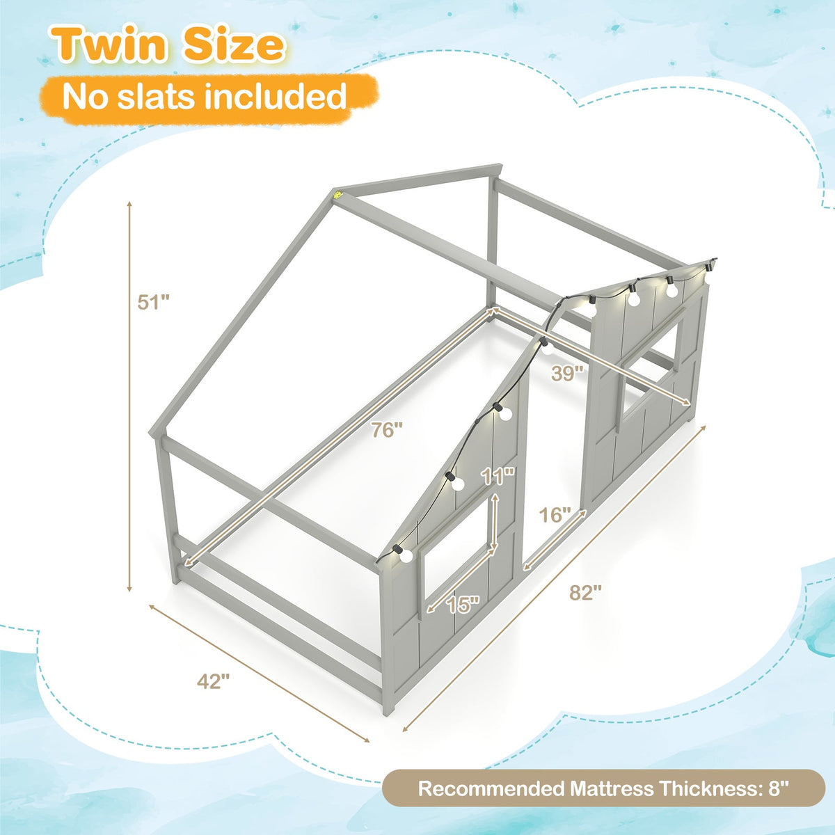 Twin Size House Bed with LED Lights Montessori Slat-free Floor Bed-Grey-Toddler Beds-DECOROLALA