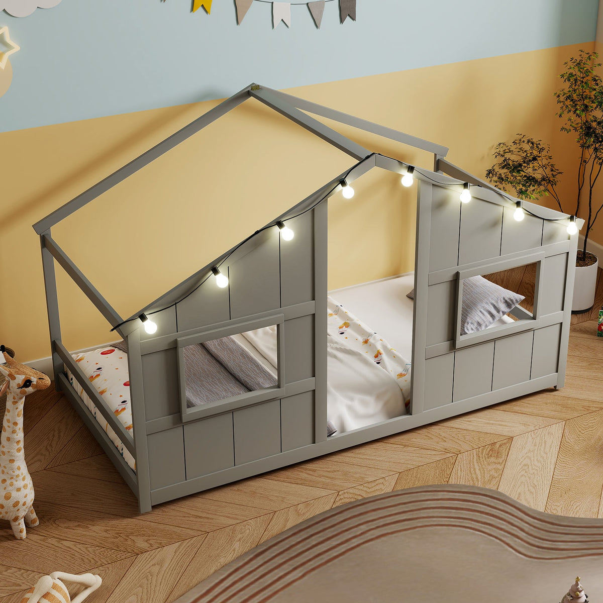 Twin Size House Bed with LED Lights Montessori Slat-free Floor Bed-Grey-Toddler Beds-DECOROLALA