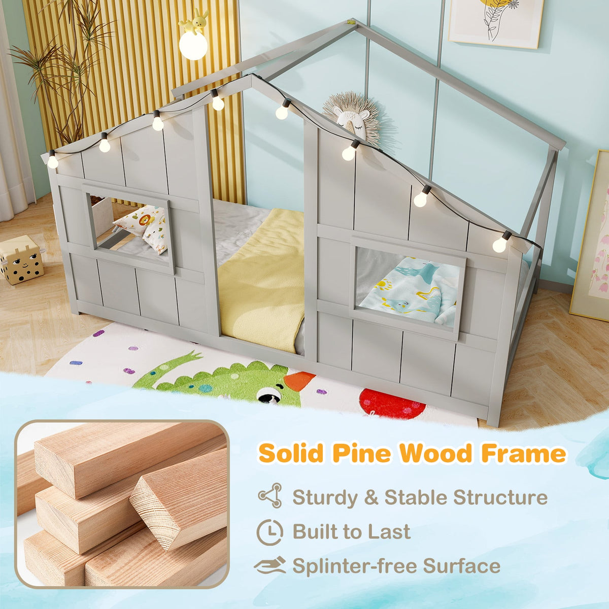 Twin Size House Bed with LED Lights Montessori Slat-free Floor Bed-Grey-Toddler Beds-DECOROLALA