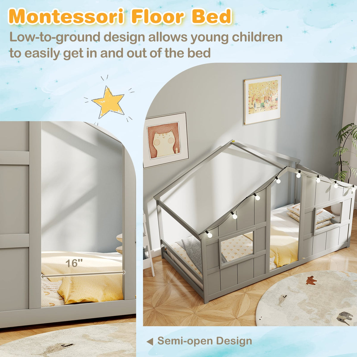 Twin Size House Bed with LED Lights Montessori Slat-free Floor Bed-Grey-Toddler Beds-DECOROLALA