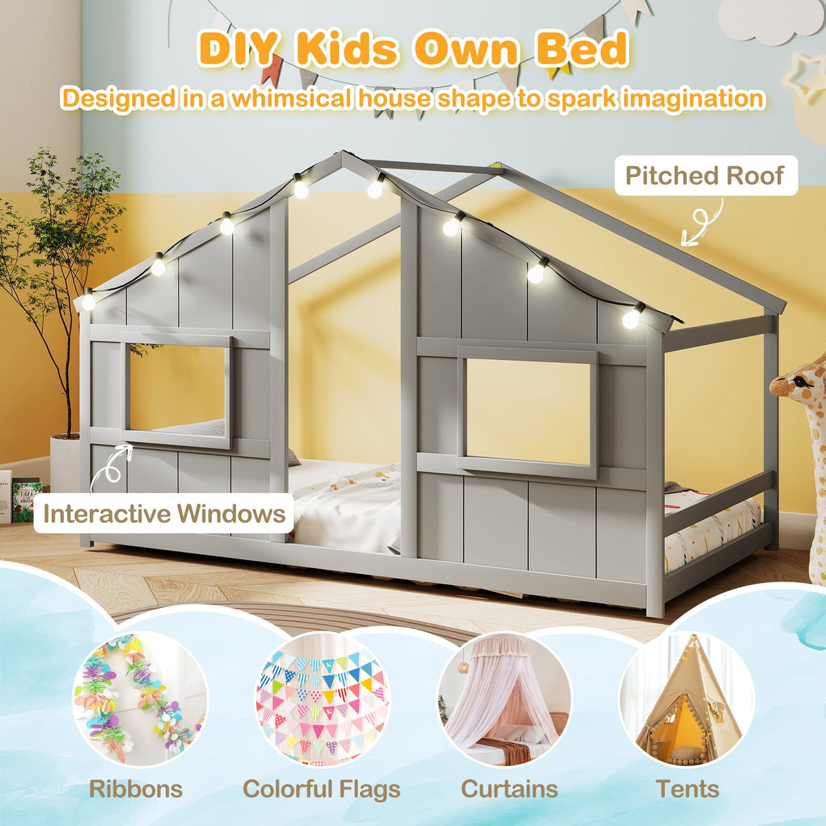 Twin Size House Bed with LED Lights Montessori Slat-free Floor Bed-Grey-Toddler Beds-DECOROLALA