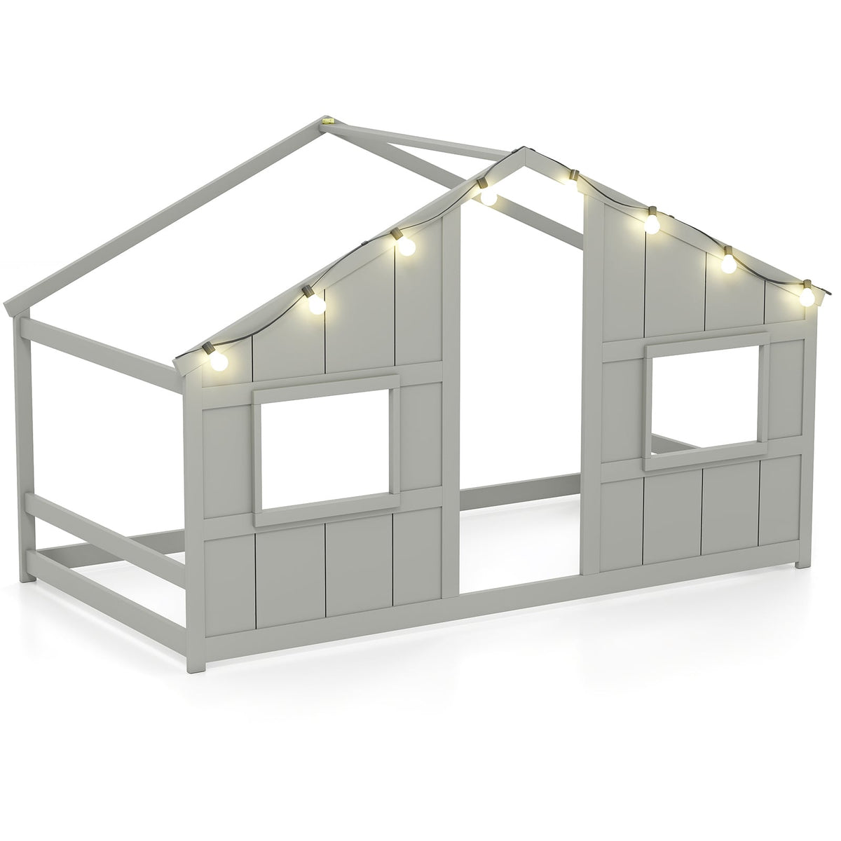 Twin Size House Bed with LED Lights Montessori Slat-free Floor Bed-Grey-Toddler Beds-DECOROLALA